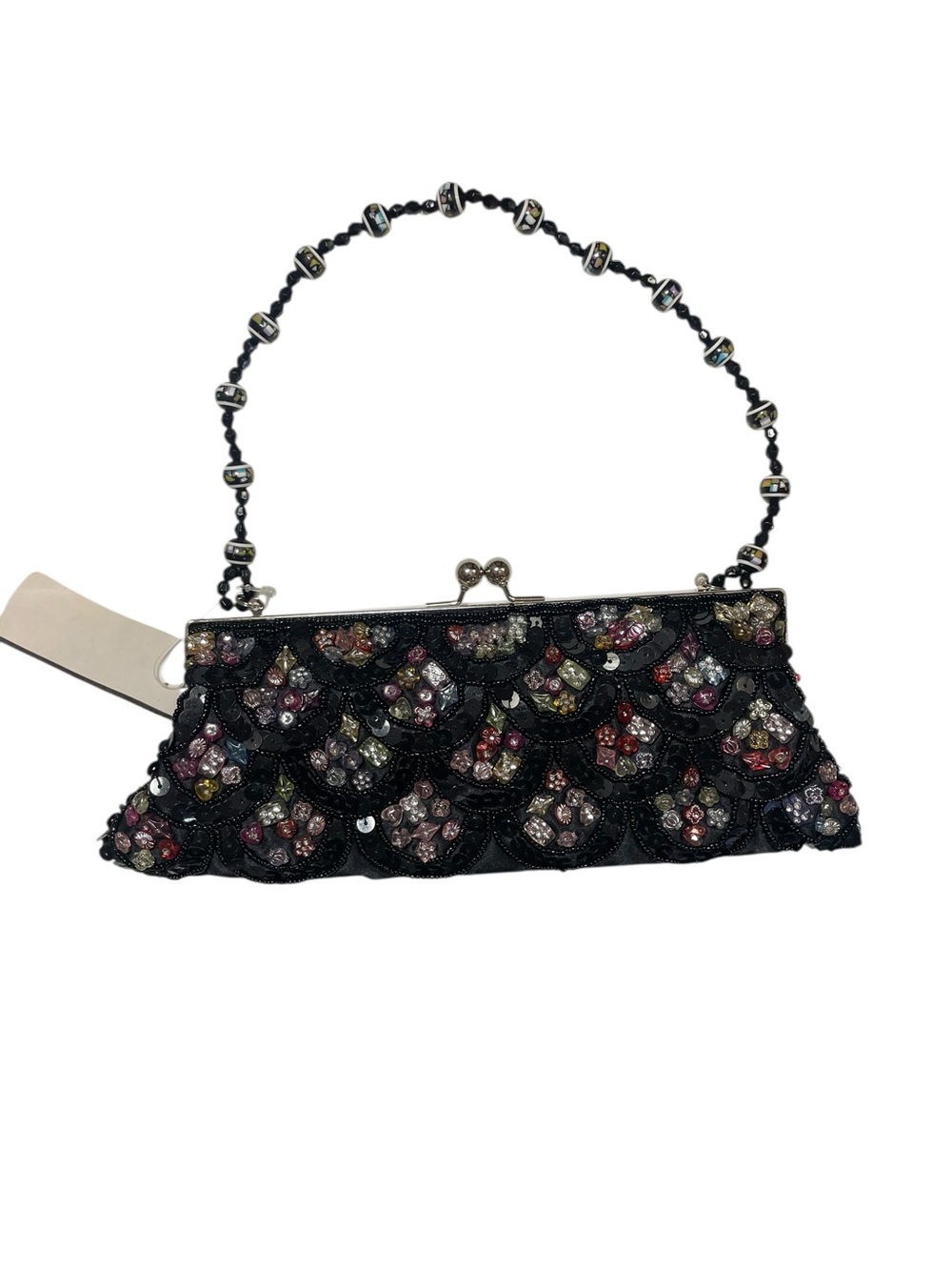 Chateau Black Beaded Evening Bag Bead Strap Multicolor Sequins Kisslock NWT
